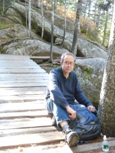Jeff resting on Katahdin Stream Falls bridge